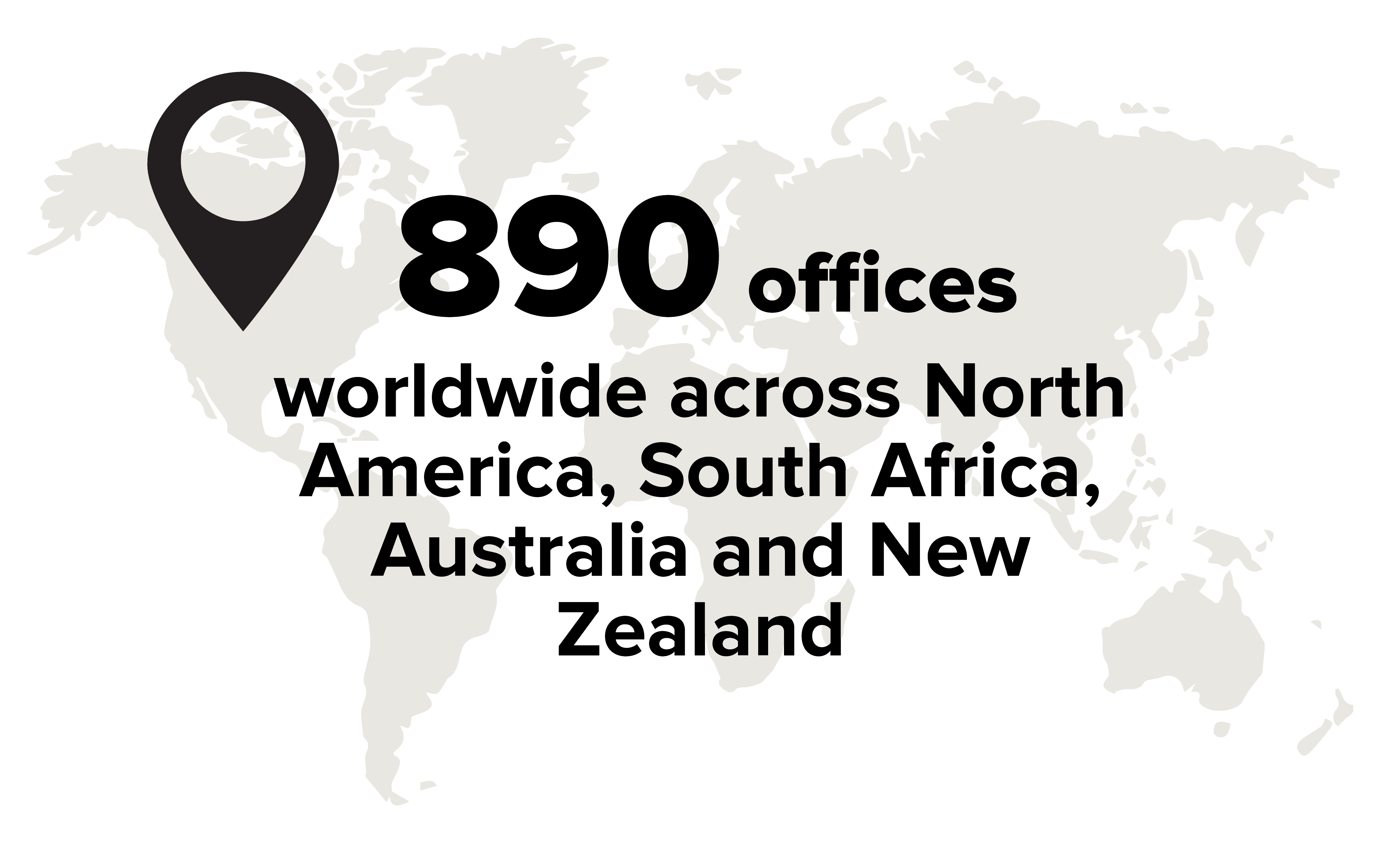 890 offices worldwide across North American, South Africa, Australia, and New Zealand